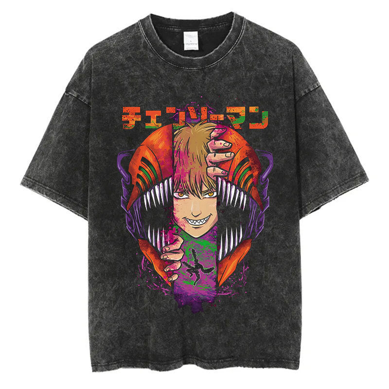 Anime Chainsaw Men Washed Tshirt Retro Hip Hop Streetwear