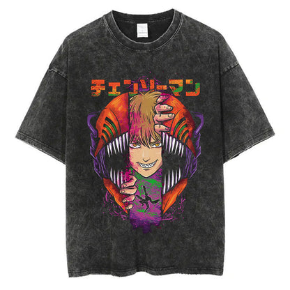 Anime Chainsaw Men Washed Tshirt Retro Hip Hop Streetwear