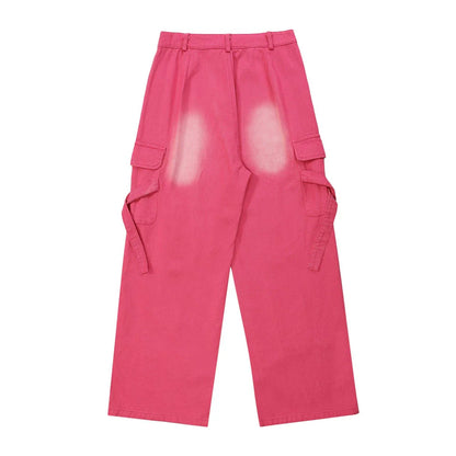 Women Pants Ripped Multi-Pocket Jeans Hip Hop Washed Straight Loose-Fitting Wide-Leg Trousers