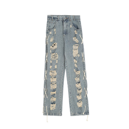 Men Jeans Ripped Drawstring Loose