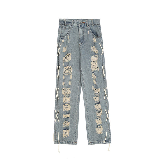 Men Jeans Ripped Drawstring Loose