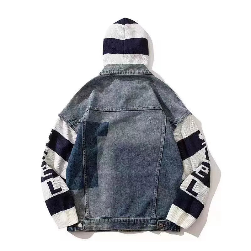 Men Jacket Coat Patchwork Knitting Hooded Denim Jacket Men's Loose Autumn and Winter Baggy Casual Jacket