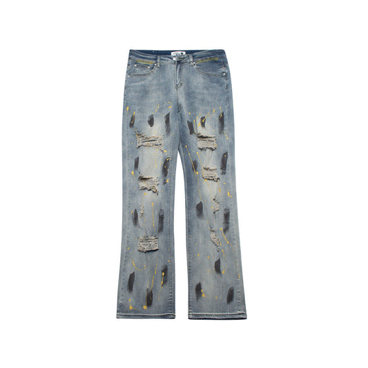 Men Jeans Splash Ink Hole Punk Loose Distressed