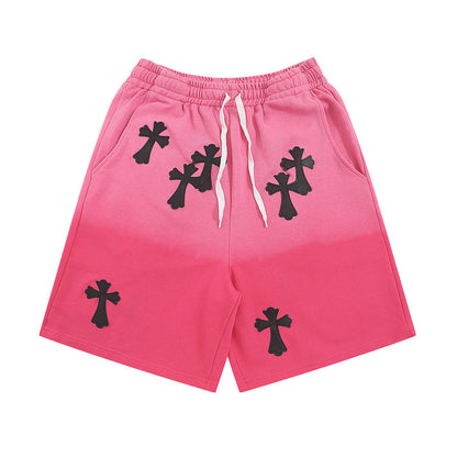 Men Shorts Cross Affixed Cloth Embroidered Tie-Dye Gradient Casual Shorts