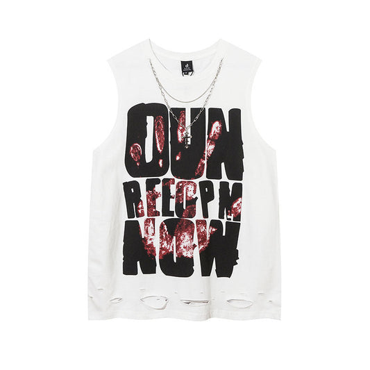 Men Vest Retro Alphabet Graffiti Ripped Vest