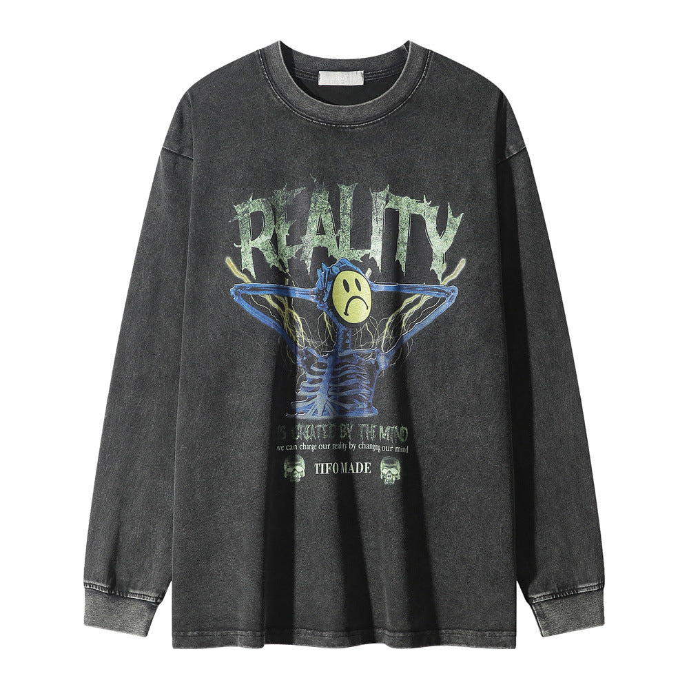 Men Long Sleeve T-Shirt Sad Washed Old Casual Loose