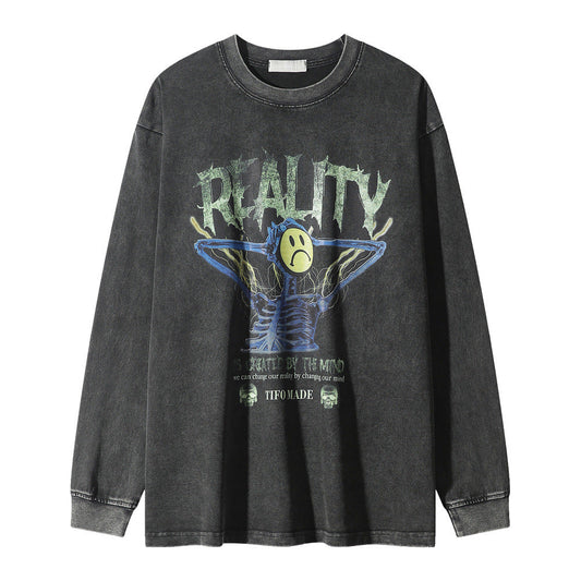 Men Long Sleeve T-Shirt Sad Washed Old Casual Loose