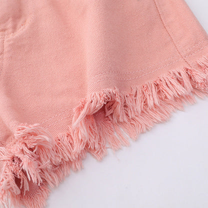 Women Shorts Pink Raw Edge Denim Shorts