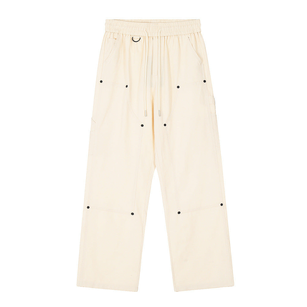 Men Sweatpants Wide-Leg Overalls Men's Solid Color Stitching Rivet Decorative Straight Casual Trousers