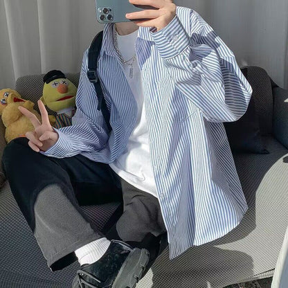 Men Shirts Blue and White Striped Casual Jacket
