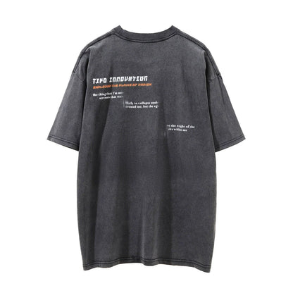 Men Vintage T-Shirt Printed Short-Sleeved T-shirt Men's Street Washed Distressed round Neck Summer Loose