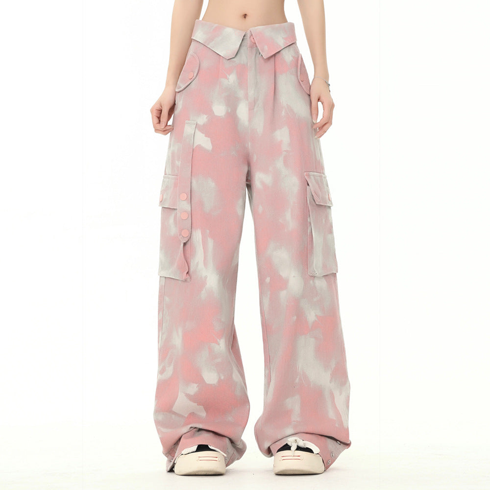 Men Sweatpants Tie-Dyed Long Pants Loose Camouflage Multi-Pocket Workwear Wide-Leg Pants