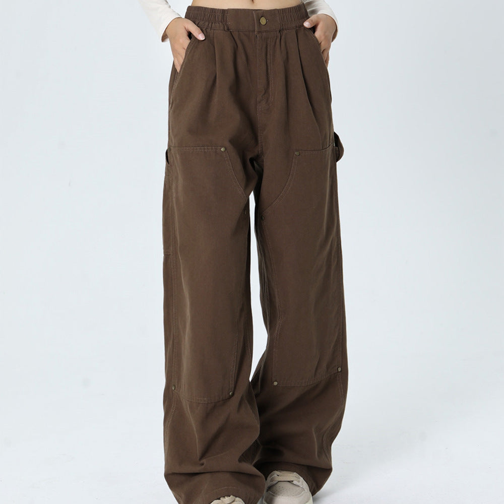 Men Sweatpants Retro Workwear Casual Pants Men Vintage Loose Wide Leg Mop Pants Solid Color Straight-Leg Trousers