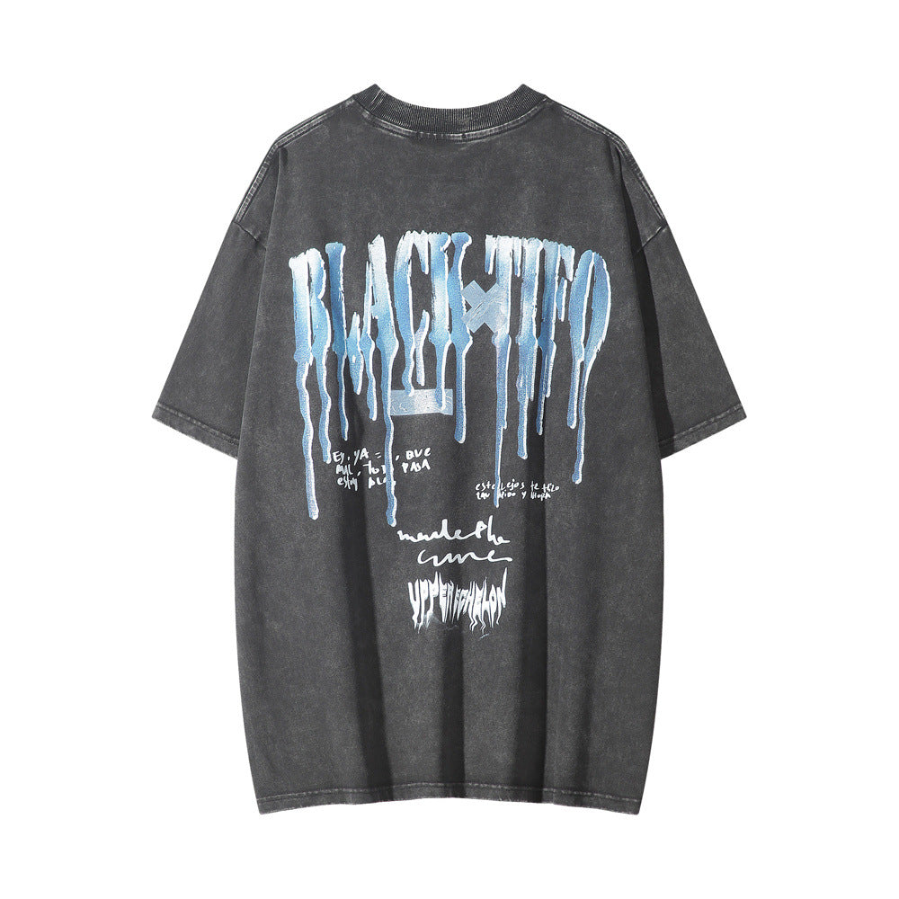 Men Vintage T-Shirt Printed Short-Sleeved T-shirt Men's Leisure Washed-out Distressed round Neck