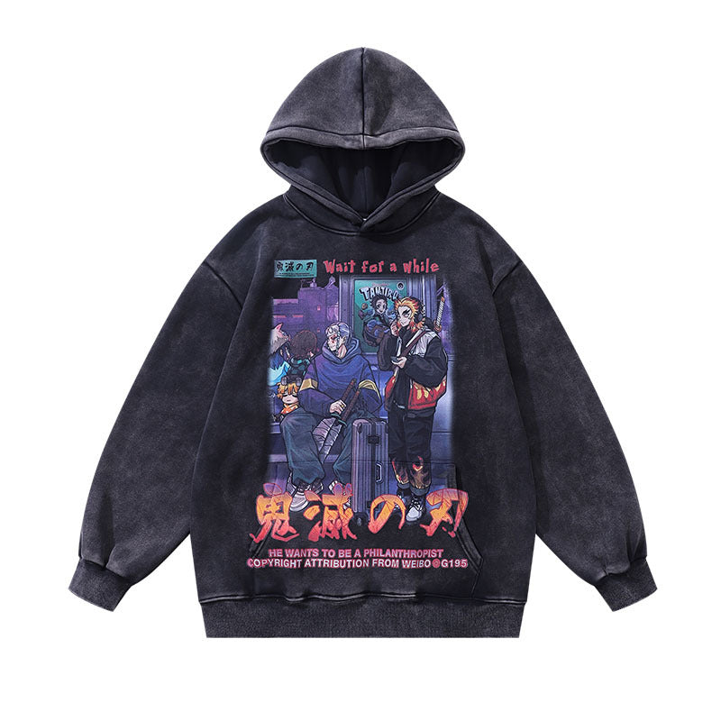Men Hoodie Autumn and Winter Cartoon Printing plus Velvet Washed Loose Retro Couple Hooded Sweater Men and Women