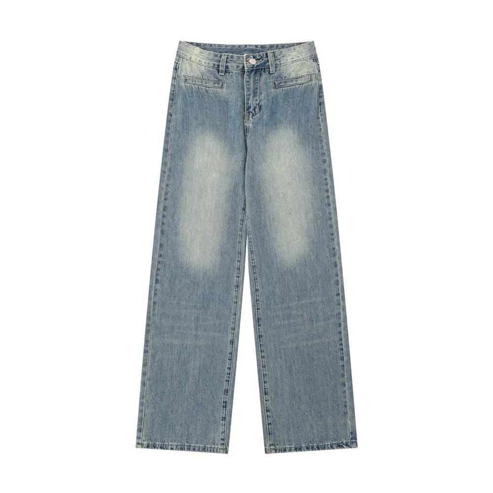 Women Pants Washed Jeans Straight Wide Leg Pants Loose Trousers