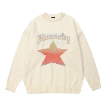 Men Sweater Hip Hop Five-Pointed Star Jacquard round Neck Knitted Shirt