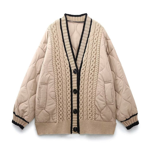 Women Cotton Coat Stitching Sweater Coat Loose and Lazy Style