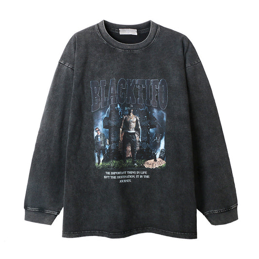 Men Long Sleeve T-shirt Portrait Printing Trendy Distressed Loose