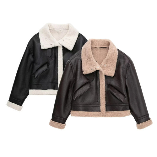 Women Cotton Coat Thickened Lamb Wool PU Leather Jacket