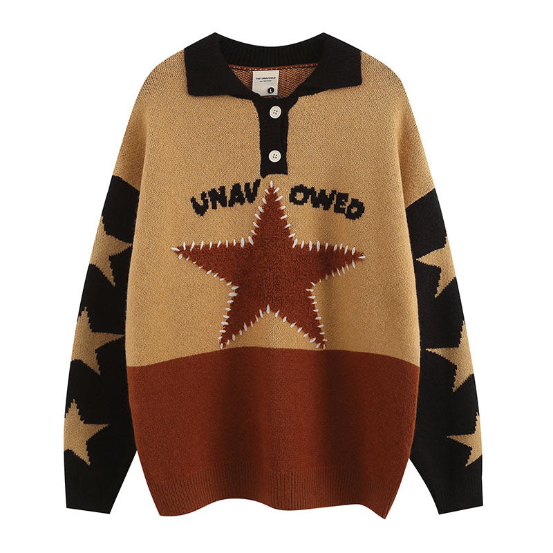 Women Sweater Vintage Preppy Style Polo Lapel Knitted Sweater