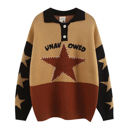 Women Sweater Vintage Preppy Style Polo Lapel Knitted Sweater