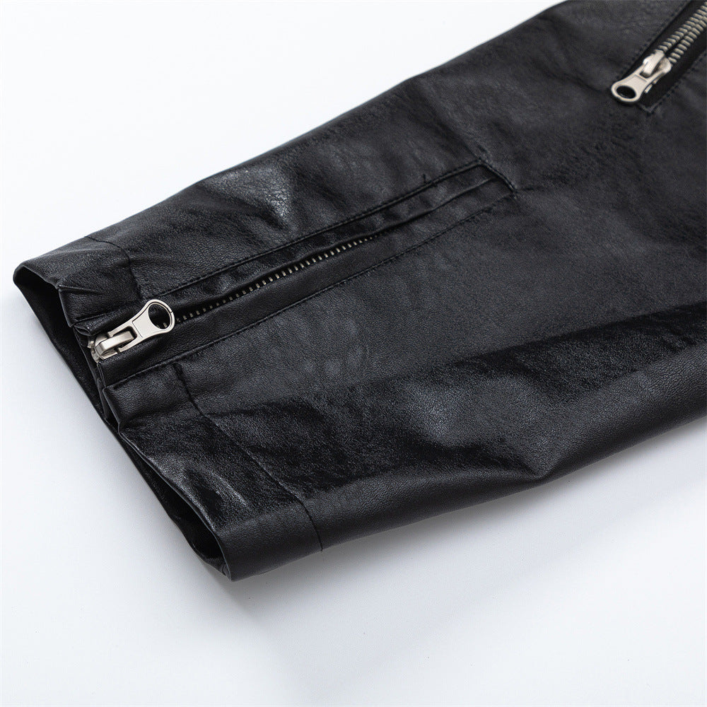 Men Jacket Coat PU Leather Sleeve Denim Jacket Men Lapel Motorcycle Clothing Coat