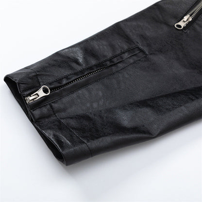 Men Jacket Coat PU Leather Sleeve Denim Jacket Men Lapel Motorcycle Clothing Coat