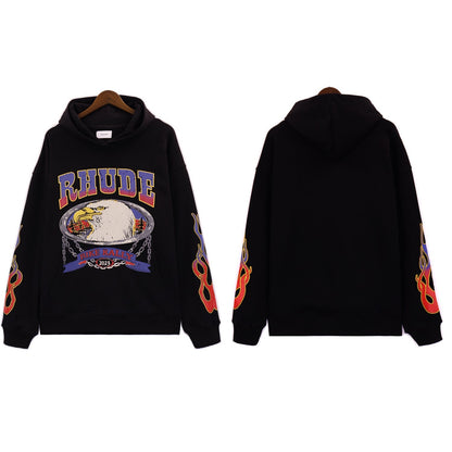 Rhude Hoodie Alphabet Eagle Flame Sleeve Hooded Sweater