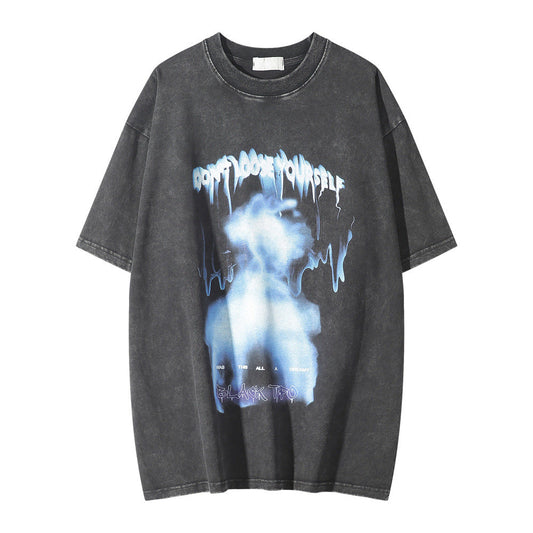 Men Vintage T-Shirt Printed T-shirt Washed Distressed round Neck Short Sleeve