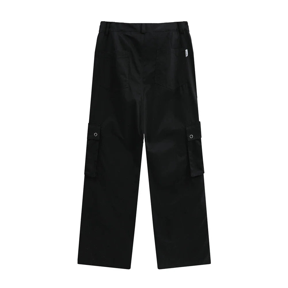 Men Sweatpants Multi-Pocket Workwear Casual Pants Button Split Solid Color Straight-Leg Trousers