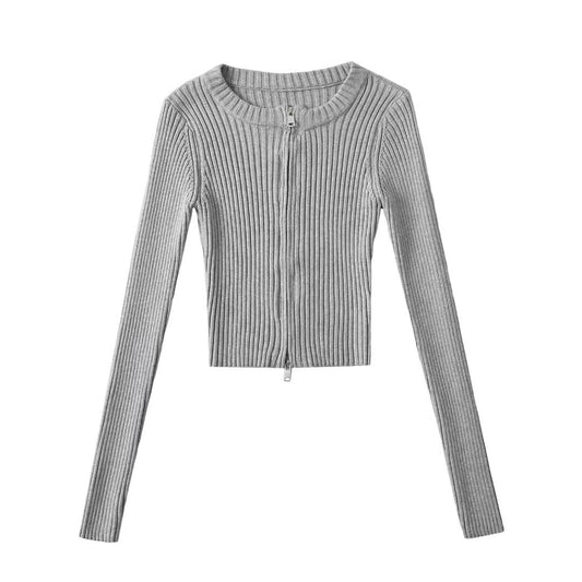 Women Tops Spring/Summer Double Zipper Knitted Cardigan Short Top