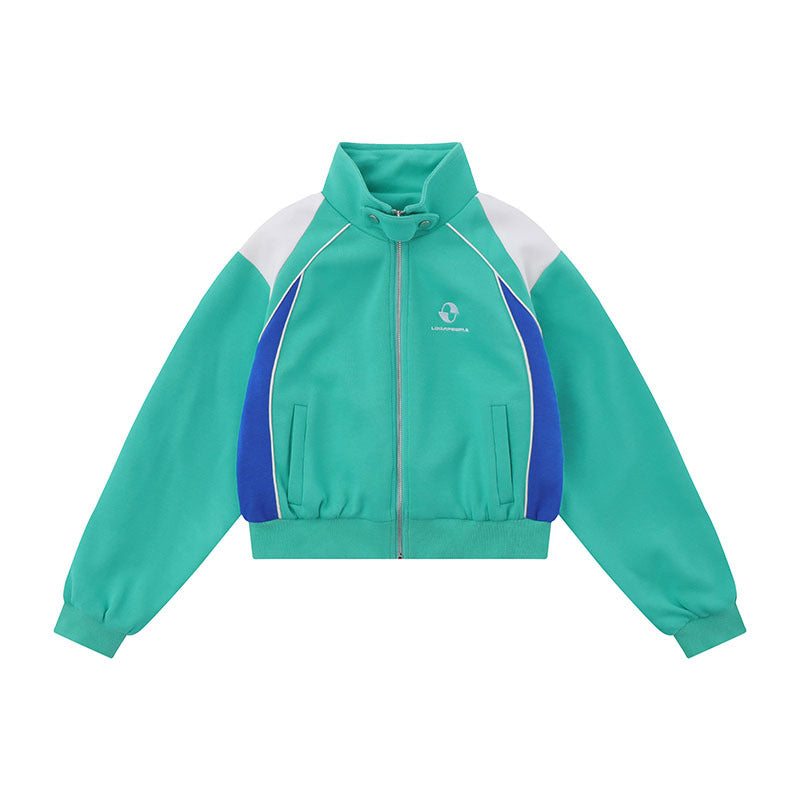 Women Jackets Color Stitching Stand-Collar Zipper Vintage