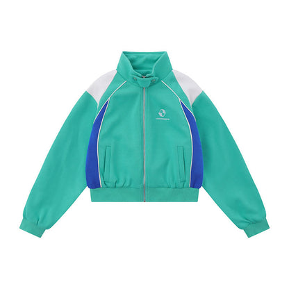 Women Jackets Color Stitching Stand-Collar Zipper Vintage