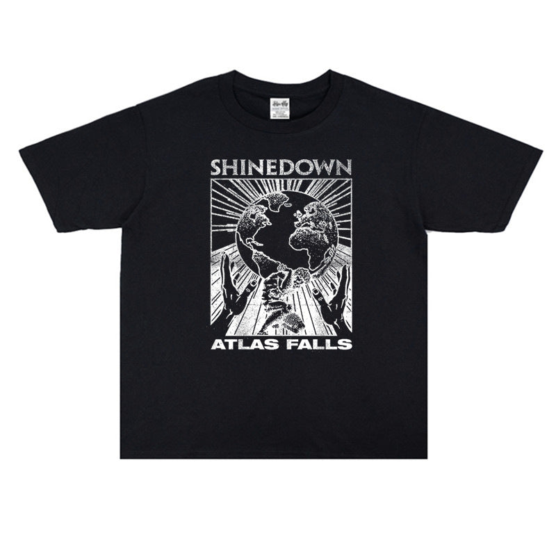Rock Star T Shirt Falling Band Printed T-shirt Washed Distressed Short Sleeve Loose Cotton Men and Women