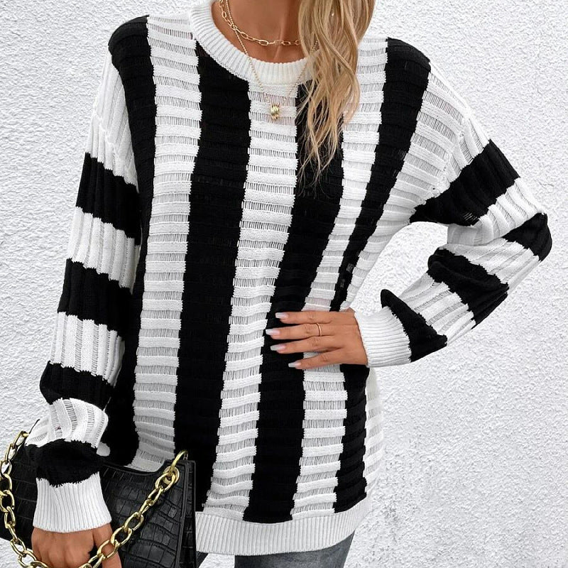 Women Knitted Sweater Spring Loose Sweater Striped Hollow out Long Sleeve Sweater Jacket