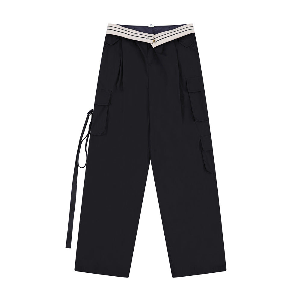 Men Sweatpants Loose Multi-Pocket Streamers Wide Leg Casual Trousers