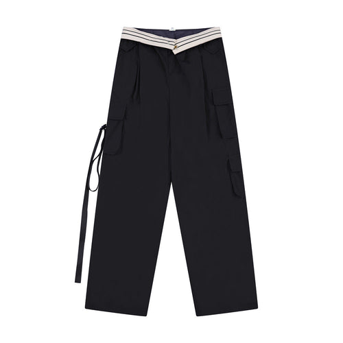 Men Sweatpants Loose Multi-Pocket Streamers Wide Leg Casual Trousers