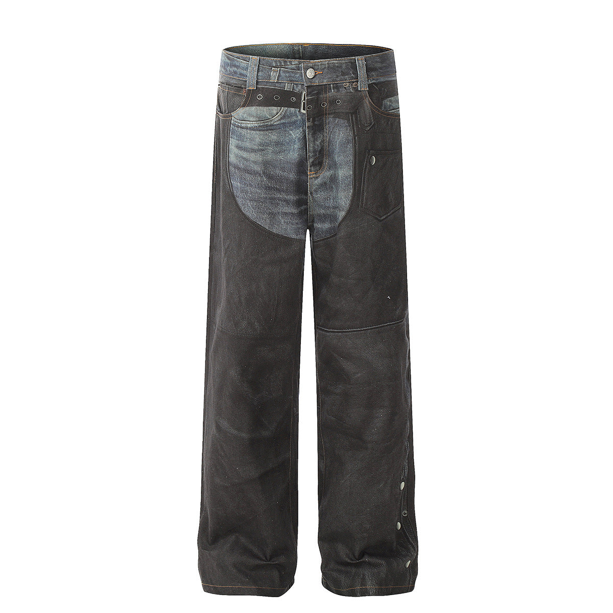 Unisex Pants Vintage Spliced Belt Trim Jeans