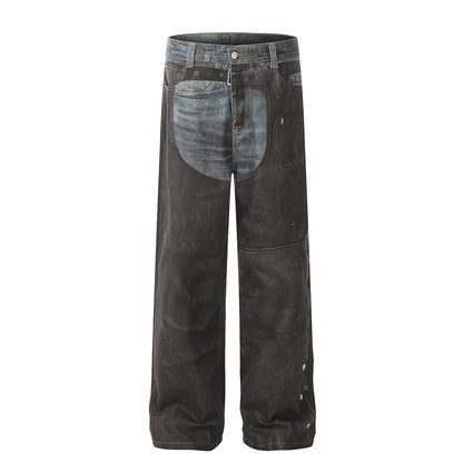 Unisex Pants Vintage Spliced Belt Trim Jeans
