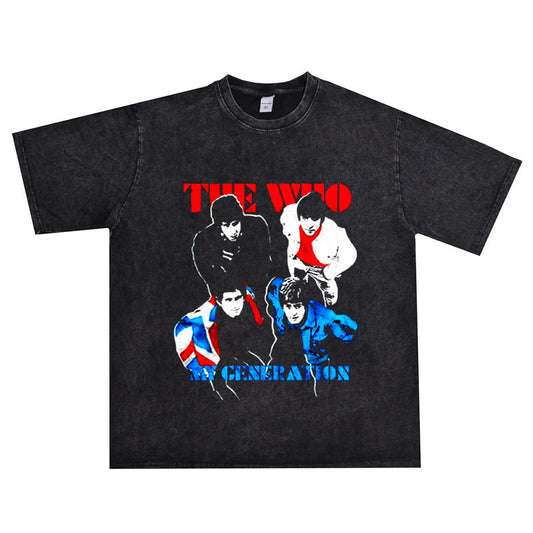 Rock Star T Shirt the WHO Band Printed Washed Distressed T-shirt Men's and Women's Cotton Short Sleeve