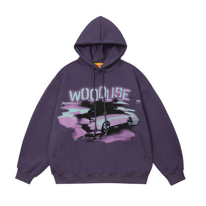 Men Hoodie Vintage Printed round Neck Hooded Sweater