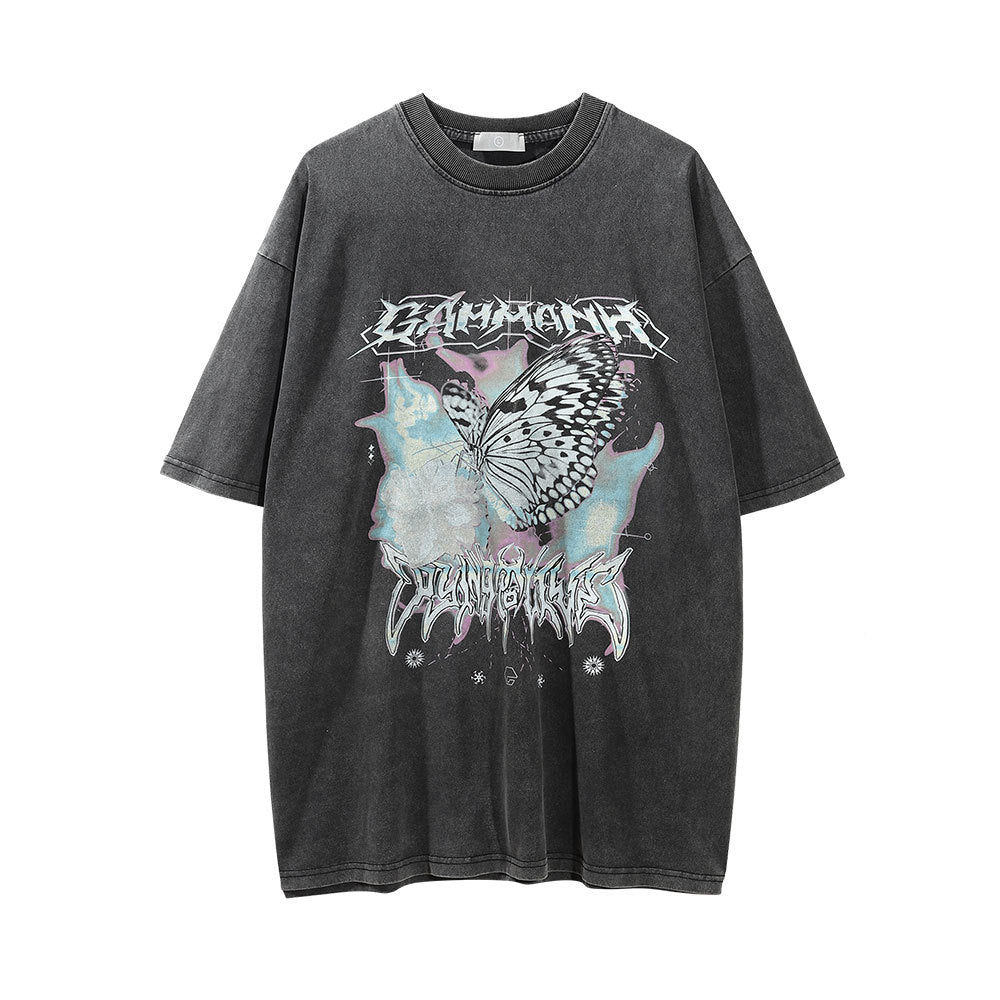 Men Vintage T-Shirt Printed Washed Distressed Short-Sleeved T-shirt Men's Width Loose Summer