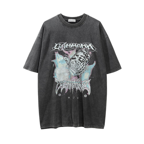 Men Vintage T-Shirt Printed Washed Distressed Short-Sleeved T-shirt Men's Width Loose Summer