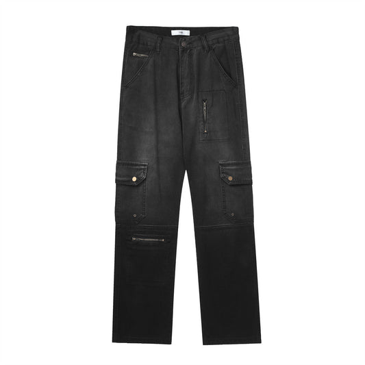 Men Jeans Washed and Worn Loose Cargo Zipper