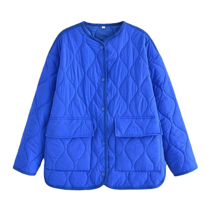 Women Cotton Coat Fashion Collarless Diamond Lattice Loose