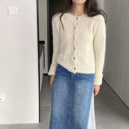 Women Cardigan Sweater Spring Alpaca Fleece/Fiber Cardigan Jacket Long-Sleeved round Neck Sweater Cardigan D2366