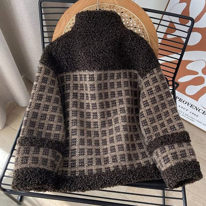 Women Cotton Coat Lamb Wool Leather Coat Loose Lapel