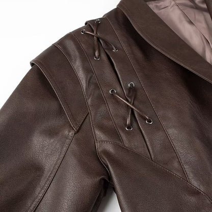 Women Tops Spring Retro Coffee Color Brown Leather Coat V-neck Lace-up Top