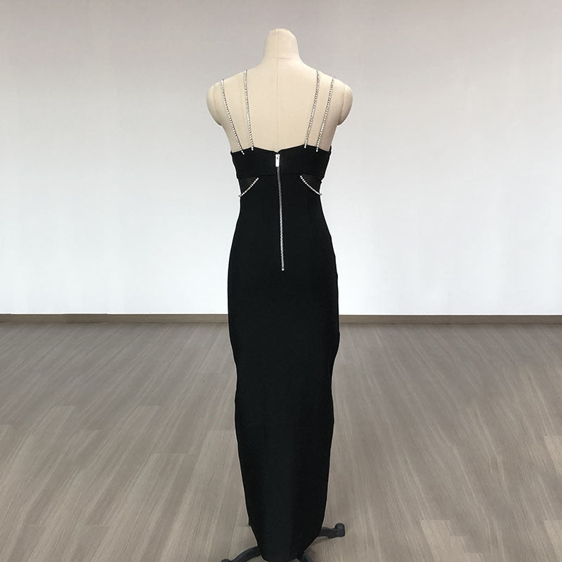 Women Evening Dress Crystal Drill Chain Straps Tulle Backless Evening Gown